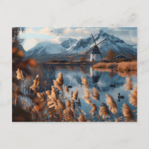 Windmolen op een meer met berglandschap briefkaart
