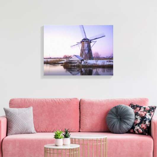 Windmolen tijdens zonsopgang, Holland in winterdoe Canvas Afdruk (Insitu (Woonkamer))