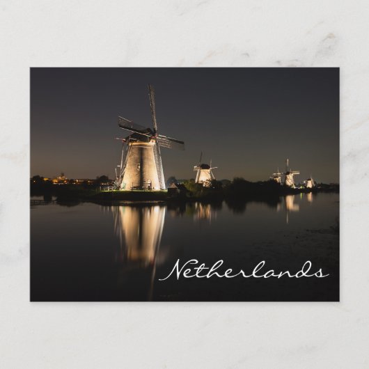 Windmolen verlicht bij nacht Nederlands briefkaart (Voorkant)