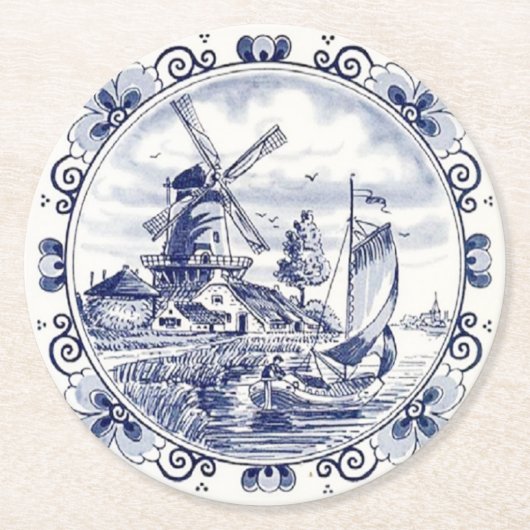  windmolenboot Delft Blue Ronde Kartonnen Onderzetter (Voorkant)