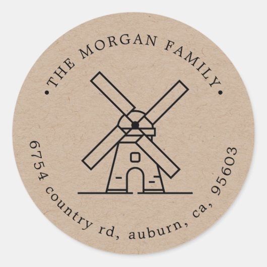 Windmolenillustratie Retouradres Monogram Ronde Sticker (Voorkant)