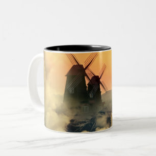 Windmolens, bergen en wolken tweekleurige koffiemok