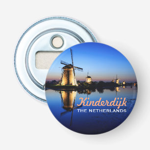 Windmolens bij Blauwe Uur in Kinderdijk tekst Button Flesopener