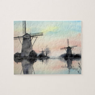 Windmolens bij Dawn Kinderdijk Holland Painting Legpuzzel