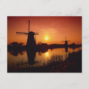 Windmolens bij zonsondergang, Kinderdijk, Nederlan Briefkaart