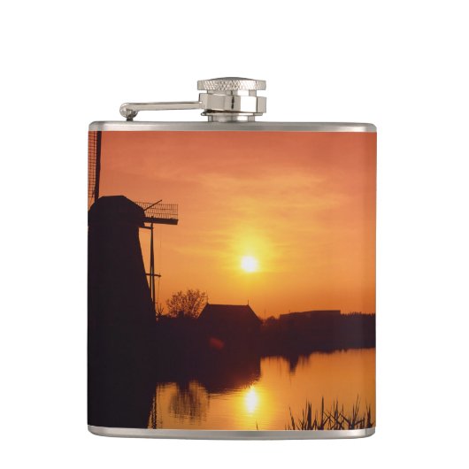 Windmolens bij zonsondergang, Kinderdijk, Nederlan Heupfles (Voorkant)