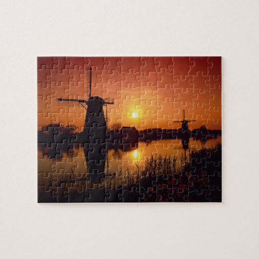 Windmolens bij zonsondergang, Kinderdijk, Nederlan Legpuzzel (Horizontaal)