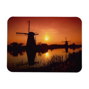 Windmolens bij zonsondergang, Kinderdijk, Nederlan Magneet