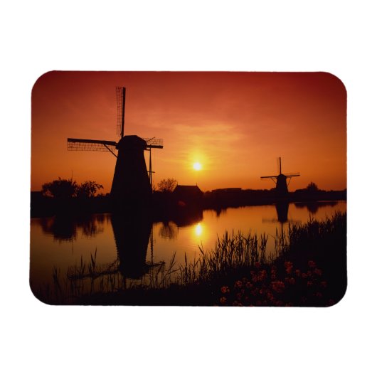 Windmolens bij zonsondergang, Kinderdijk, Nederlan Magneet (Horizontaal)