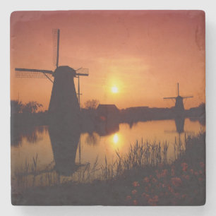 Windmolens bij zonsondergang, Kinderdijk, Nederlan Stenen Onderzetter
