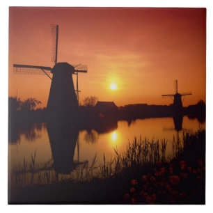 Windmolens bij zonsondergang, Kinderdijk, Nederlan Tegeltje