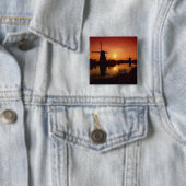 Windmolens bij zonsondergang, Kinderdijk, Nederlan Vierkante Button 5,1 Cm (In situ)