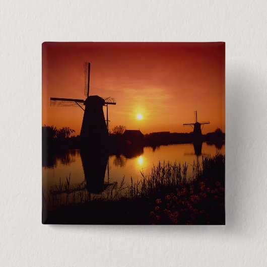 Windmolens bij zonsondergang, Kinderdijk, Nederlan Vierkante Button 5,1 Cm (Voorkant)