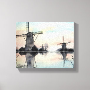 Windmolens bij zonsopgang Waterverf Schilderen Canvas Afdruk