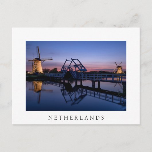 Windmolens en trekbrug op zonsonderend wit briefka briefkaart (Voorkant)
