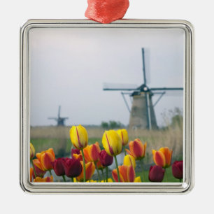 Windmolens en tulpen langs het kanaal in metalen ornament