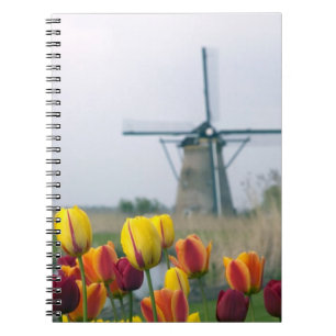 Windmolens en tulpen langs het kanaal in notitieboek