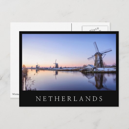 Windmolens in briefkaart met zwarte wintertekst (Voorkant / Achterkant)