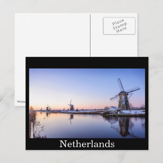 Windmolens in briefkaart met zwarte wintertekst (Voorkant / Achterkant)