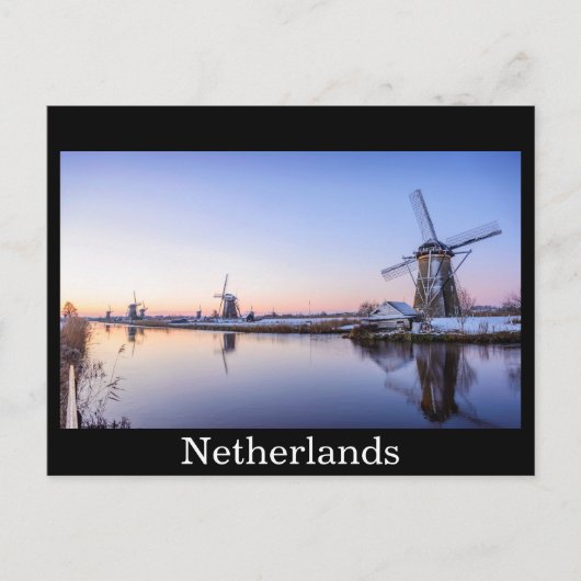 Windmolens in briefkaart met zwarte wintertekst (Voorkant)