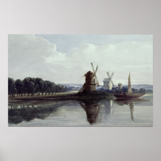 Windmolens langs een rivier van de 19de eeuw poster (Voorkant)