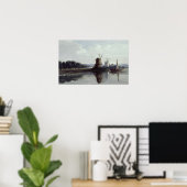 Windmolens langs een rivier van de 19de eeuw poster (Thuiskantoor)