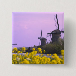 Windmolens langs het kanaal in Kinderdijk, Vierkante Button 5,1 Cm