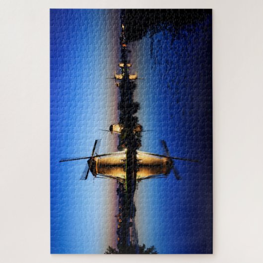 Windmolens met waterreflectie in Blue Hour Legpuzzel (Verticaal)