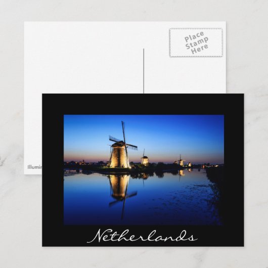 Windmolens op zwart briefkaart met blauw uur (Voorkant / Achterkant)