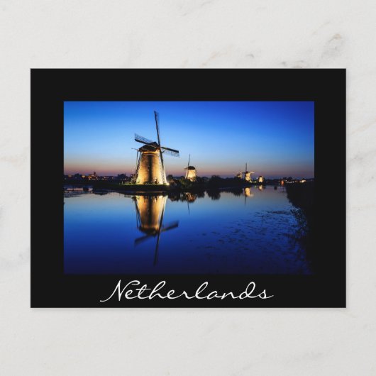 Windmolens op zwart briefkaart met blauw uur (Voorkant)