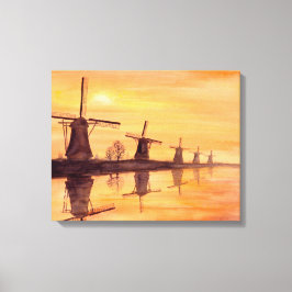 Windmolens Zonsondergang Aquarel Schilderij Canvas Afdruk