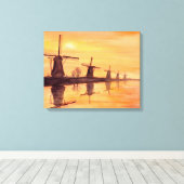 Windmolens Zonsondergang Aquarel Schilderij Canvas Afdruk (Insitu (Houten vloer))
