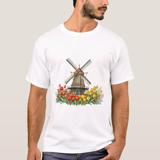 Windmühle Im Tulpenfeld Mit Blumenhaus T-shirt (Voorkant)