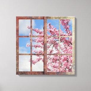 Window Cherry Blossom Tree Canvas Afdruk