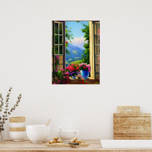 Window Scenes Art Mountain Flowers 18x24 Poster (Keuken)
