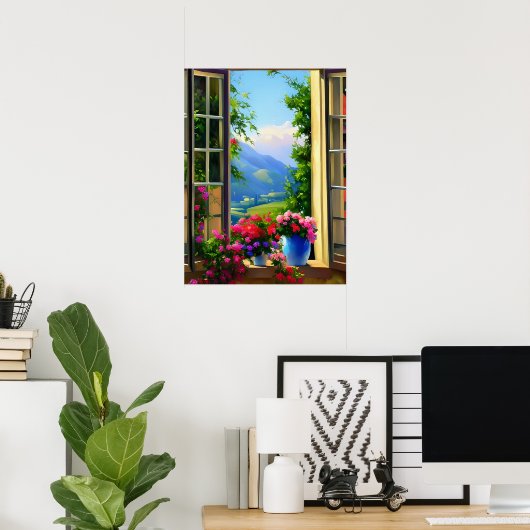 Window Scenes Art Mountain Flowers 18x24 Poster (Thuiskantoor)