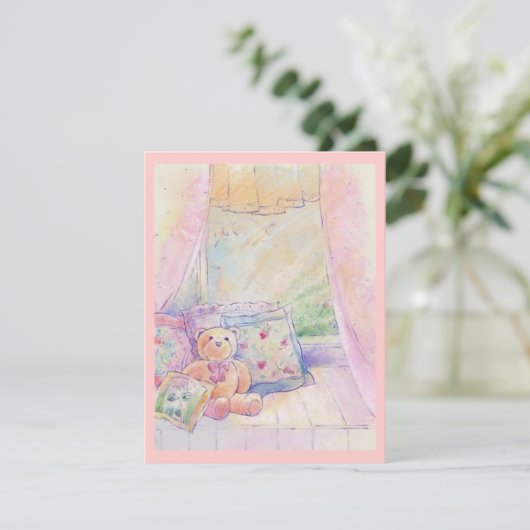 Window Seat Teddy Bear  Roze Invitaties Kaart (Staand voorkant)