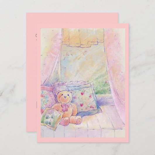 Window Seat Teddy Bear  Roze Invitaties Kaart (Voorkant / Achterkant)