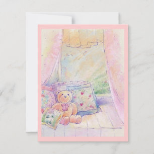 Window Seat Teddy Bear  Roze Invitaties Kaart