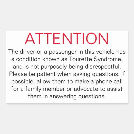 Window sticker om politie te adviseren van Tourett (Voorkant)