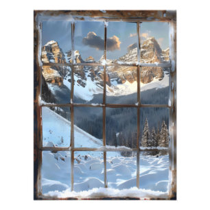 Window Uitzicht Winter in de bergen Foto Afdruk