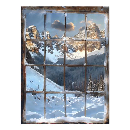 Window Uitzicht Winter in de bergen Foto Afdruk (Voorkant)