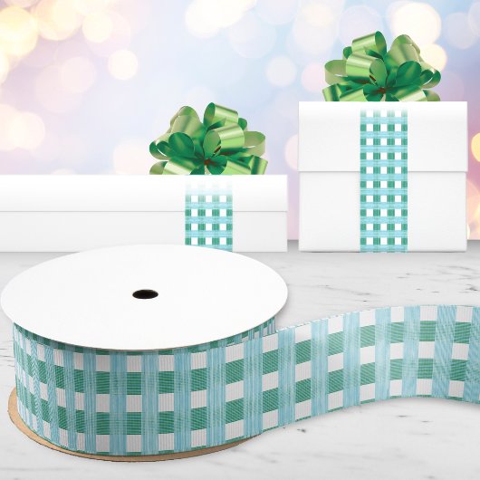 Windowpane Weave Gingham in Green and Aqua Grosgrain Lint