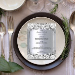 Windringermenu zilverwitte rozen elegant<br><div class="desc">Een elegante en glamoureuze trouwmenukaart. Zwarte en witte waterkleurige rozen als decor. Sjablonen voor uw namen,  datum en het trouwmenu. Een faux zilveren lijst en een faux zilveren metalen vormende achtergrondkleur. Zwarte gekleurde letters. Achterzijde: faux zilveren metalen achtergrond.</div>