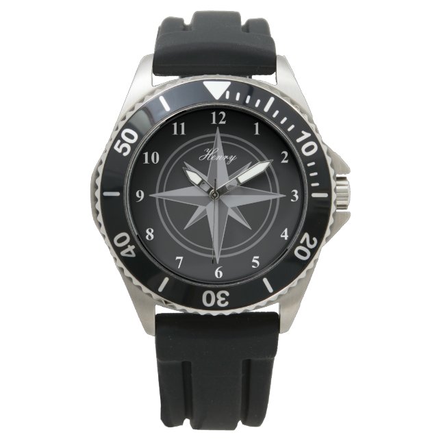 Windroos kompas ster logo op maat heren horloge (Voorkant)