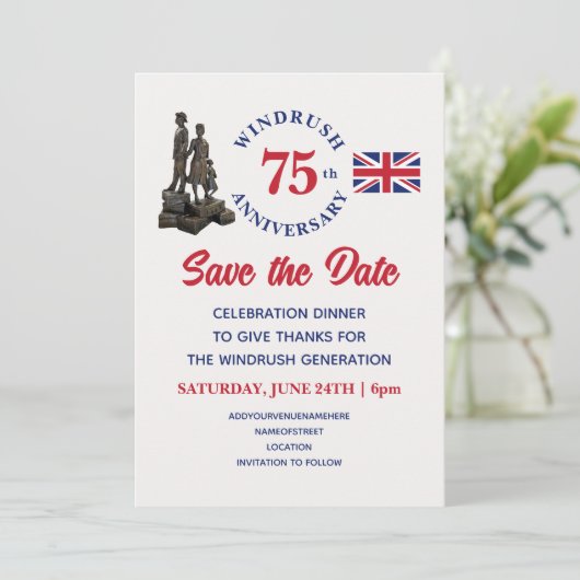 WINDRUSH 75th Jubileum Union Jack Save The Date (Staand voorkant)