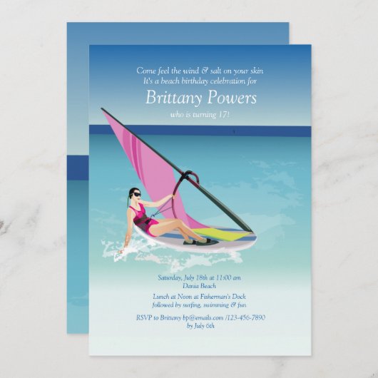 Windsurfen Meisje Uitnodiging (Voorkant / Achterkant)