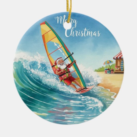Windsurfen Santa Strand Kerstmis  Keramisch Ornament (Voorkant)