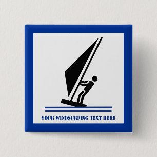 Windsurfer aan boord zwarte, blauwe windsurfen vierkante button 5,1 cm