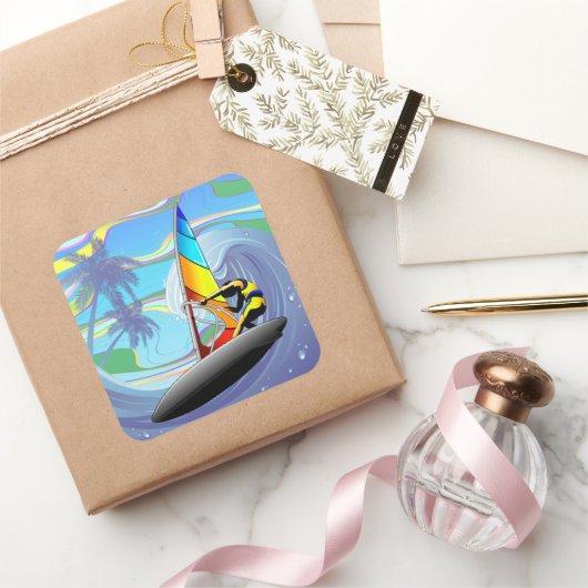 WindSurfer op Big Ocean Waves Vierkante Sticker (Geschenken)